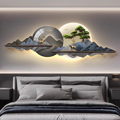 卧室装饰画轻奢大气山水画2026新款led灯画发光床头床尾墙壁挂画