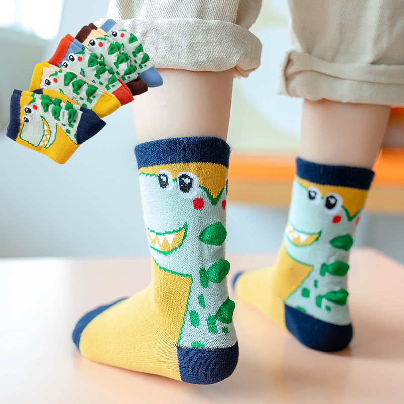 儿童袜子中筒春秋薄款纯棉可爱男童外穿保暖韩国恐龙冬季长筒宝宝