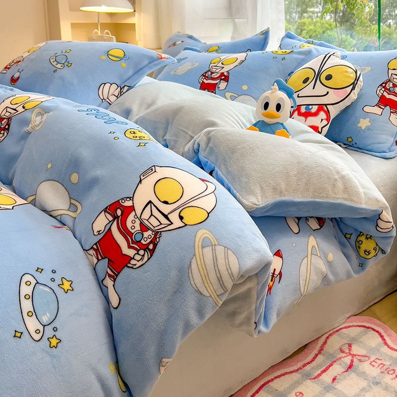 奥特曼牛奶绒四件套儿童卡通男童珊瑚绒被套罩床单男孩冬季三件套