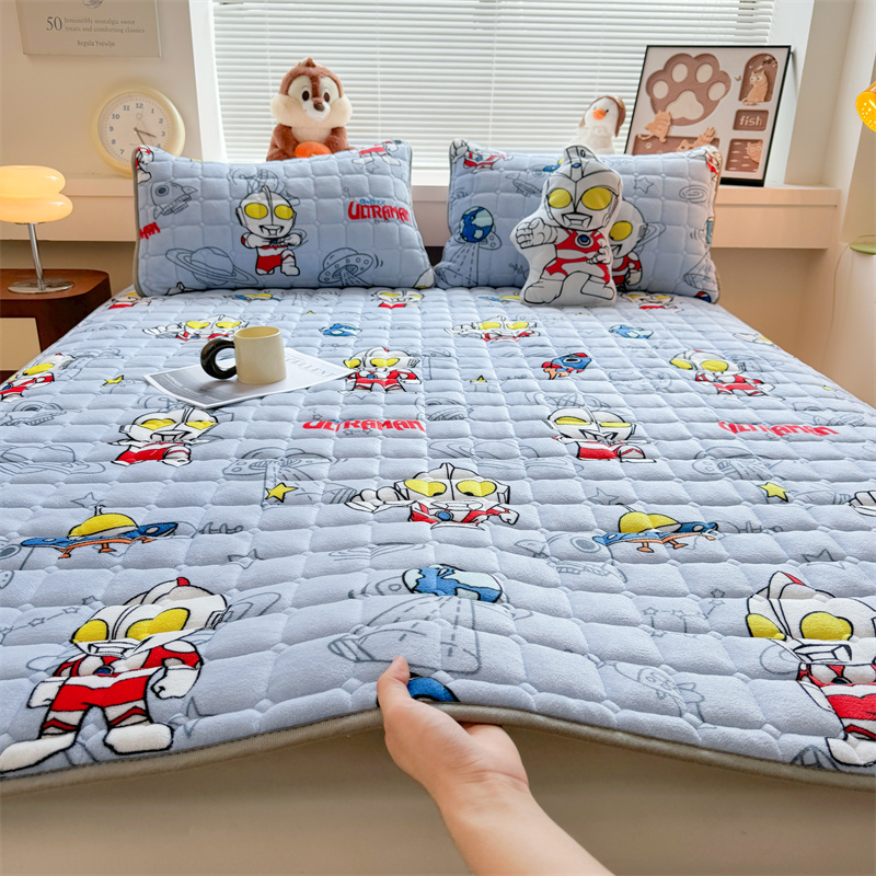 儿童卡通奥特曼牛奶绒夹棉床垫软垫折叠床笠床单人睡垫床盖单褥子