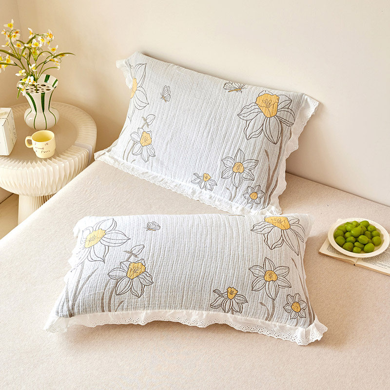 纯棉四层纱布枕巾成人家用盖巾竹棉皱皱纱全棉花边枕头巾四季通用