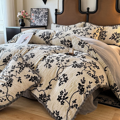 轻奢高端加厚牛奶绒床笠四件套秋冬保暖珊瑚绒床单被套床上用品