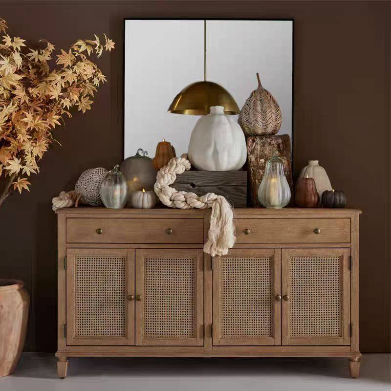 美式乡村复古实木编藤餐边柜客厅靠墙装饰柜法式仿古储物柜鞋柜