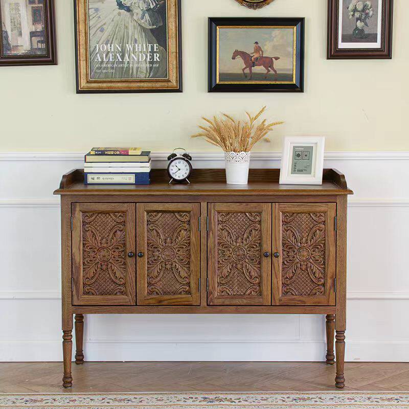 美式乡村实木餐边柜复古田园雕花橡木玄关柜仿古边柜茶水柜储物柜
