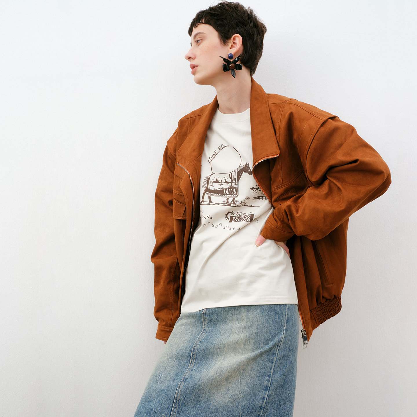 来去LaiQu麂皮脏橘色夹克