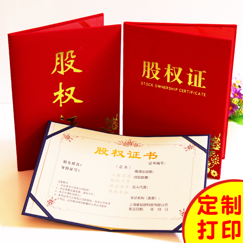 股权证书定制订做股东证书12a4外壳封皮面红绒浮雕珠光红蓝色出资证明