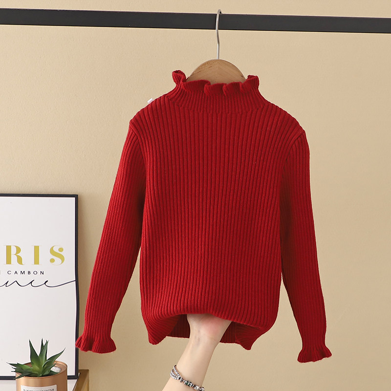 女童弹力衫木耳边秋冬款儿童针织衫女宝宝毛衣红色打底衫黑色内搭