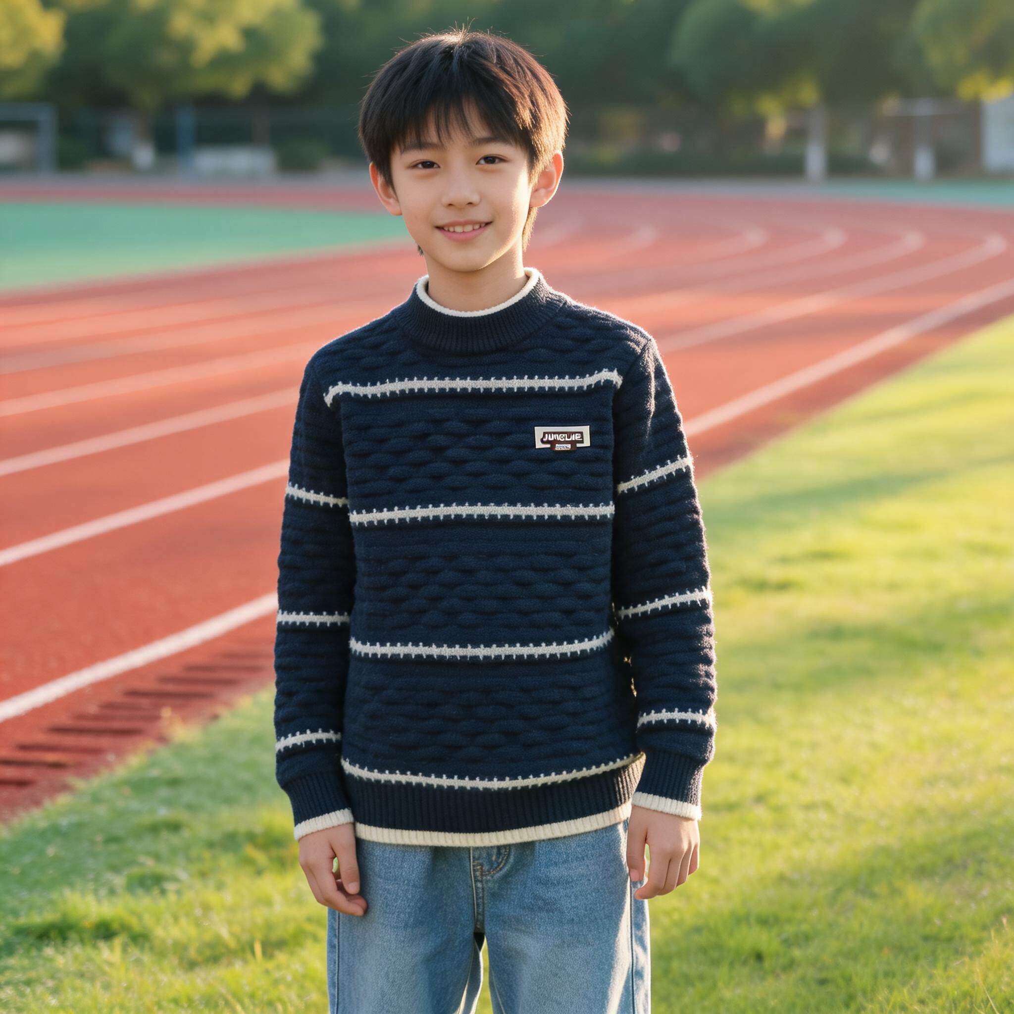 秋冬男童立体条纹圆领套头毛衣