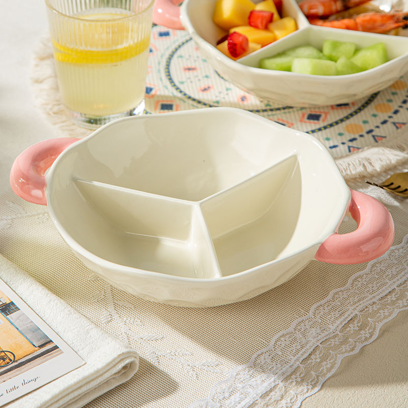 高颜值双耳分格餐盘2025新款陶瓷大人儿童早餐盘轻食定量分餐盘