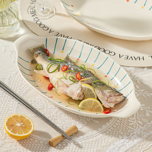 陶瓷鱼盘家用2026新款蒸鱼专用盘子高级感大号鱼碟子双耳鱼碗鱼盆