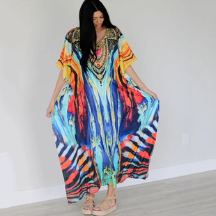 欧美沙滩罩衫 棉感印花度假沙滩裙宽松长袍海滩防晒衣比基尼Z505