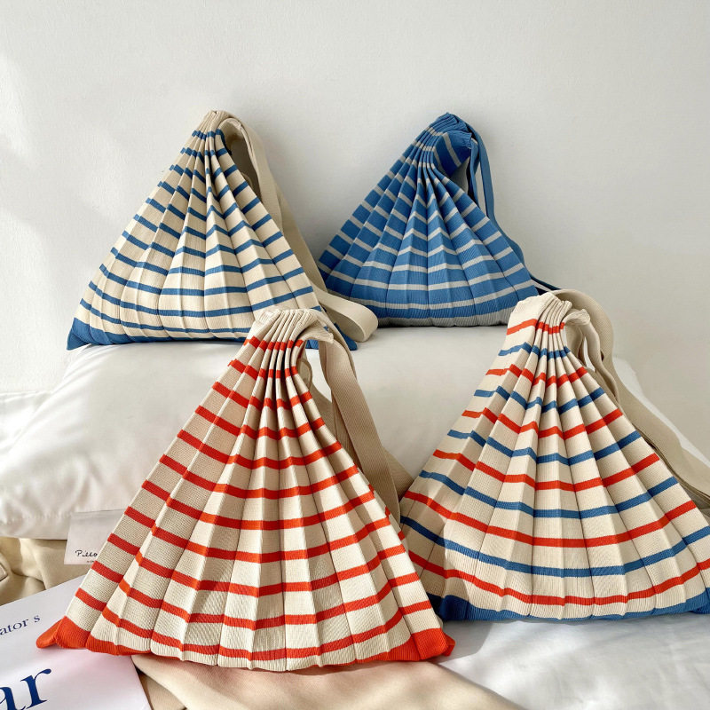 潮品小众设计包包女日韩百搭褶皱折叠撞色针织单肩包手提包风琴包