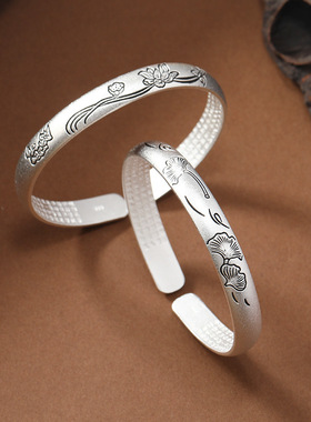 莲花经文银手镯女古韵实心开口古风哑光简约百搭民族风银杏叶镯子