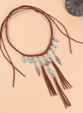 欧美波西米亚手臂项链民族风女锁骨链松石流苏臂链古韵度假风配饰