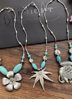 手工欧美民族风藏银松石短款项链 古韵气质简约个性吊坠挂件配饰