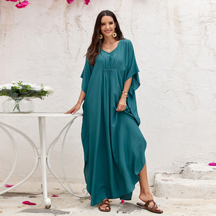 9色气质欧美人棉纯色优雅长袍度假连衣裙比基尼防晒衫 泳衣女S918