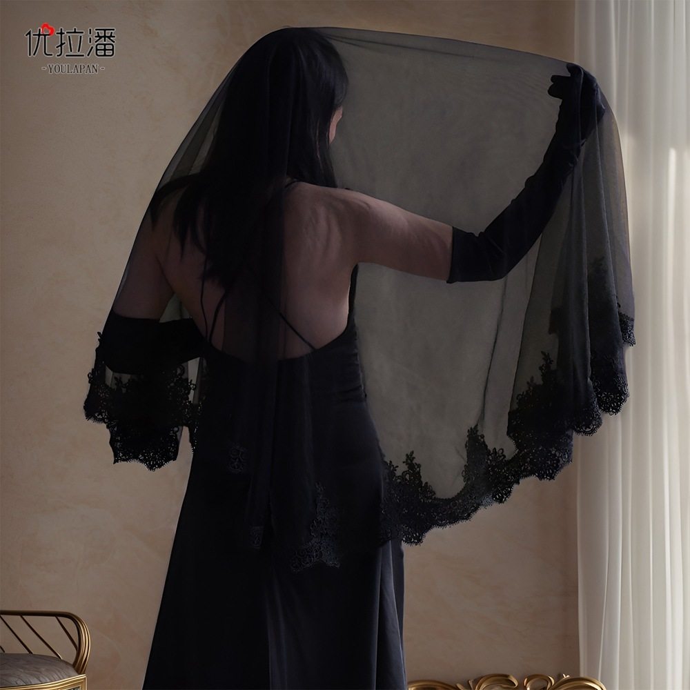 潮流高级爆款黑色素新娘头纱万圣节哥特式蕾丝无发梳主题婚礼V224