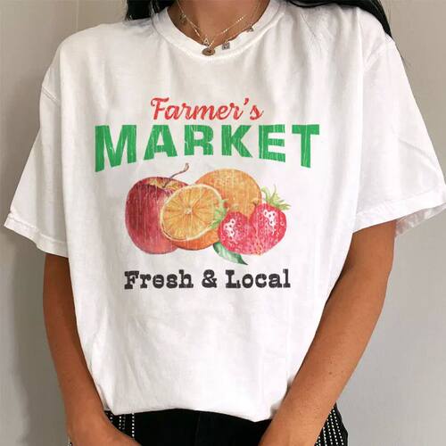 6304 Farmers Market Fruit Printed T-shirts Short Sleeve Vint