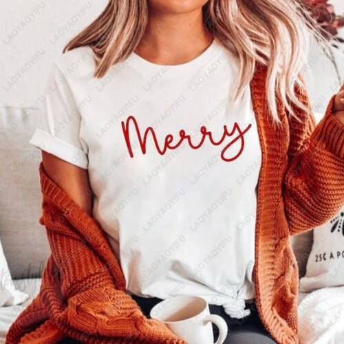 Christmas Funny Simple Printed T-shirt Tops Shirts for Women