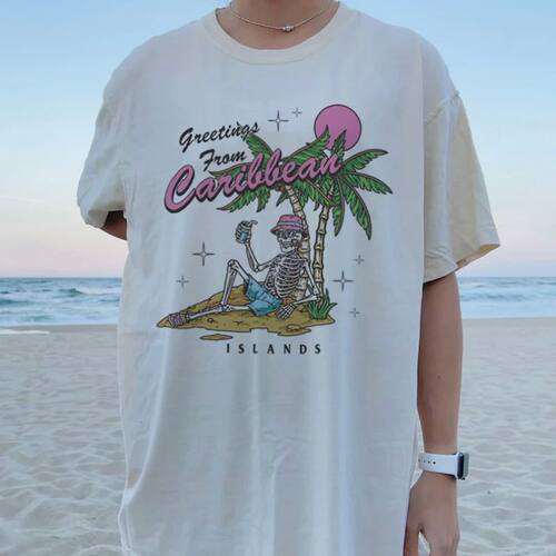 5013Carib Summer Skeleton Tropical Beach T-Shirt Oversized V