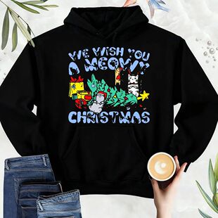 Funny Cat Christmas Jumper Meowy Xmas Unisex Men Long Seleev