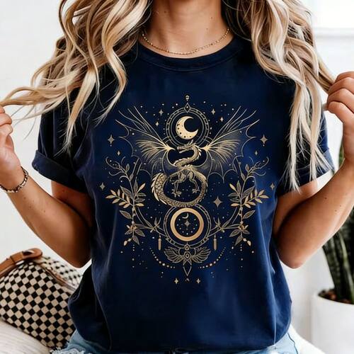 Celestial Dragon Moon Phase T-Shirt Witchy Boho Floral Tee G