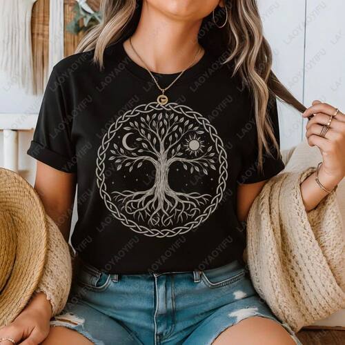 Tree of Life with Sun Moon Printed T-shirt Tops Spiritual Gi