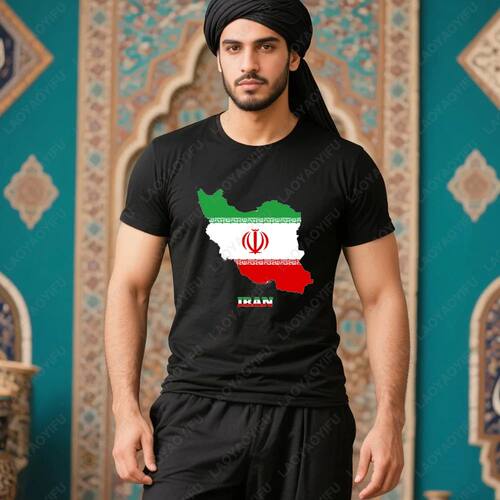 Iran Flag Map with Lion Man Cotton Printed T-shirt Fashion C