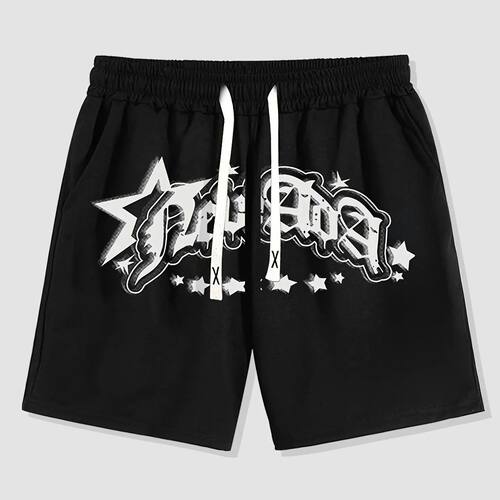 Men's Black Casual Summer Shorts with Star Letter Graphic Pr
