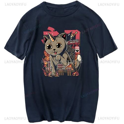 Huge Cat Destroying The City T-Shirts Men Hip Hop Summer Men