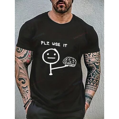 PLZ USE IT Brain Cartoon Print Men Fun Short Sleeve Round Ne