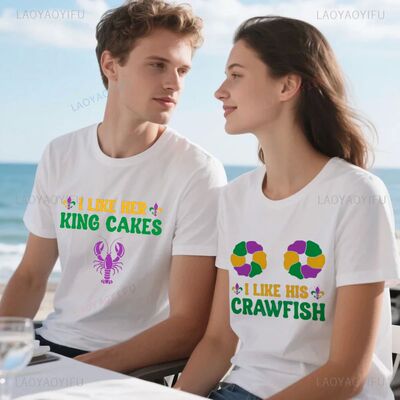 Funny His and Her Couple Mardi Gras Graphic T Shirts Woman M