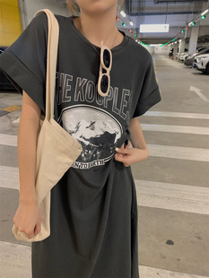 美式复古短袖t恤连衣裙女宽松大码显瘦纯棉灰色长款过膝夏天裙子