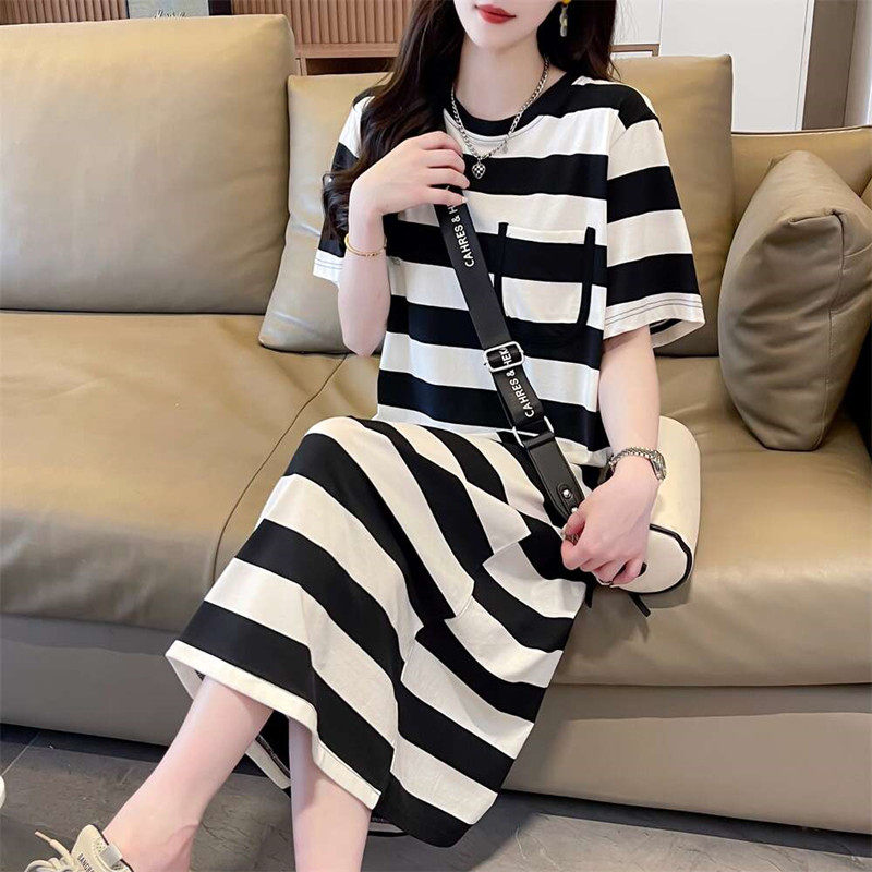 短袖连衣裙女懒人条纹过膝裙子图片