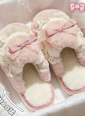 蝴蝶结棉拖鞋女士2025新款秋冬季室内家居防滑厚底毛毛绒棉拖女款