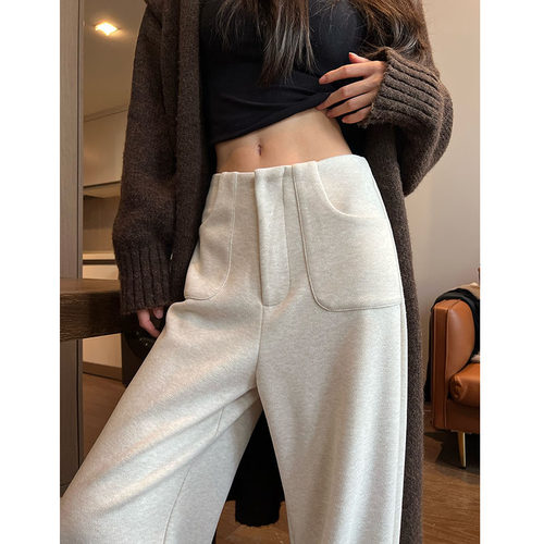 白色窄版阔腿裤女加绒高腰垂感高级羊毛呢西装裤休闲 直筒裤秋冬