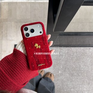 满天星金色小马适用苹果17promax手机壳iPhone16红色丝绒15全包防摔14pro保护套pormax时尚高级感pmax网红女