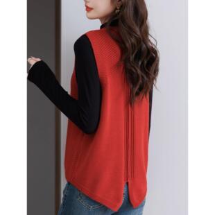 JOYIASS女士红色针织马甲背心秋季2025新款春秋中年妈妈毛衣马甲