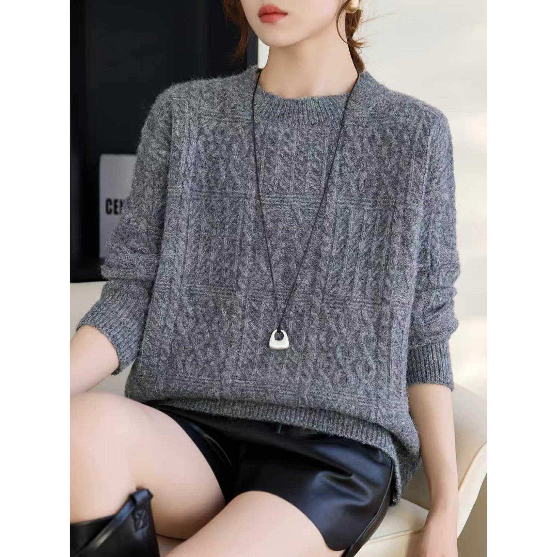 JOYIASS老钱风慵懒风麻花针织毛衣女装圆领秋冬大码宽松高级感打