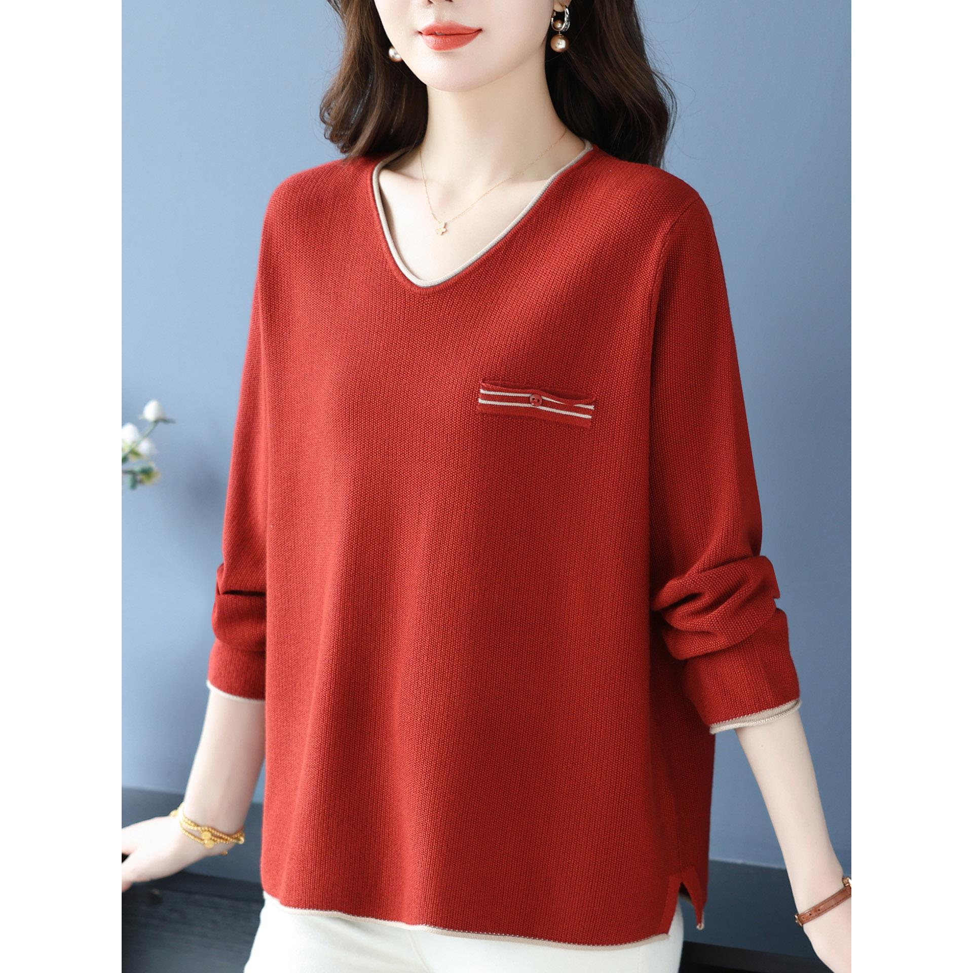 JOYIASS2025年新款时尚气质极简V领针织女红色宽松遮肚显瘦长袖毛
