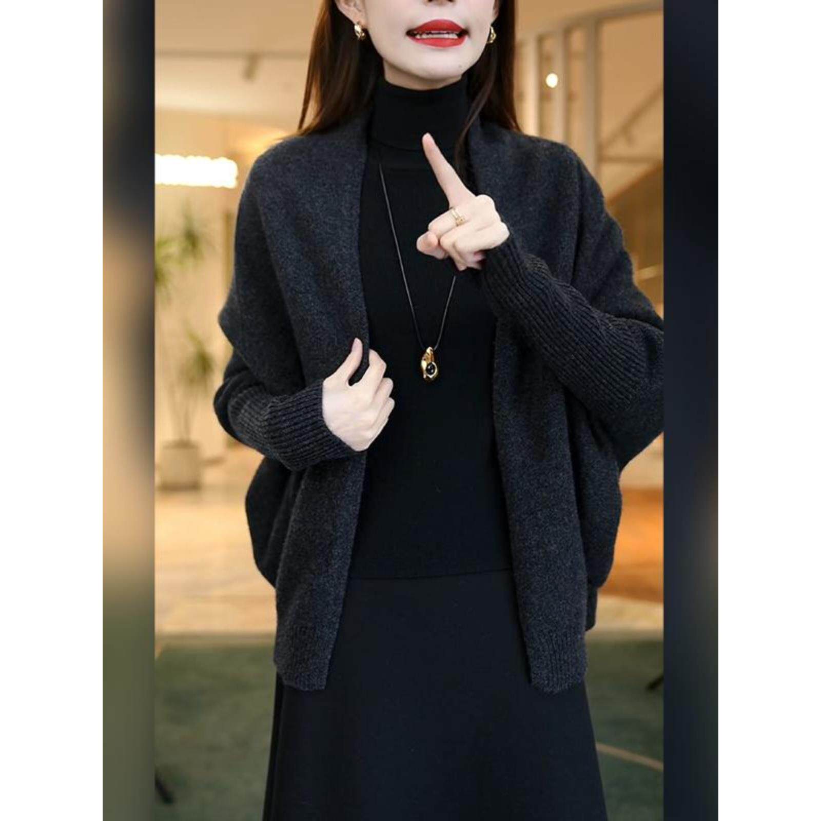 JOYIASS2025春秋新款轻熟简约风黑色V领针织开衫女宽松百搭显瘦毛