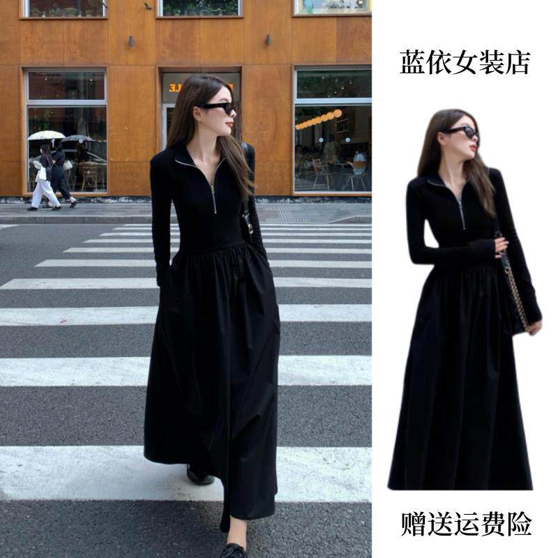 RIERA赫本风黑色修身长袖连衣裙针织裙女秋季新款显瘦大摆裙V领收