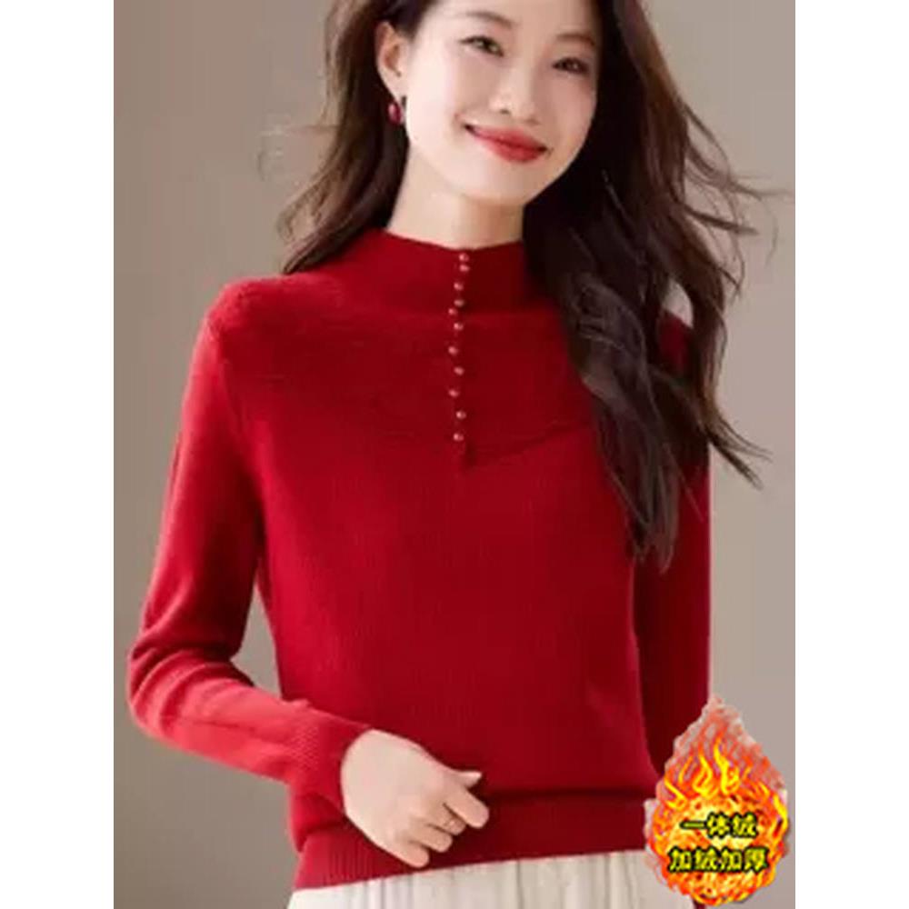 JOYIASS冬季新款半高领蕾丝拼接毛衣女一体绒加厚内搭针织打底衫