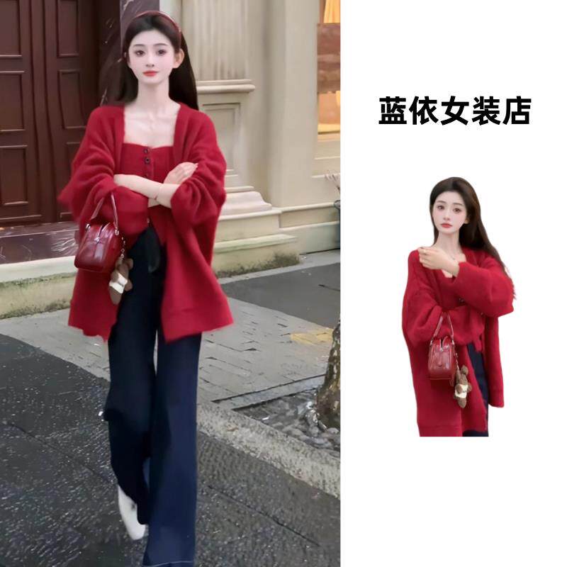 RIERA一整套秋冬穿搭套装女圣诞节红色软糯毛衣开衫外套针织背心