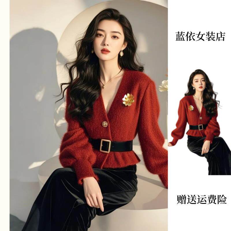 RIERA一整套秋冬装穿搭高级感气质减龄小香风红色毛衣丝绒裤子套