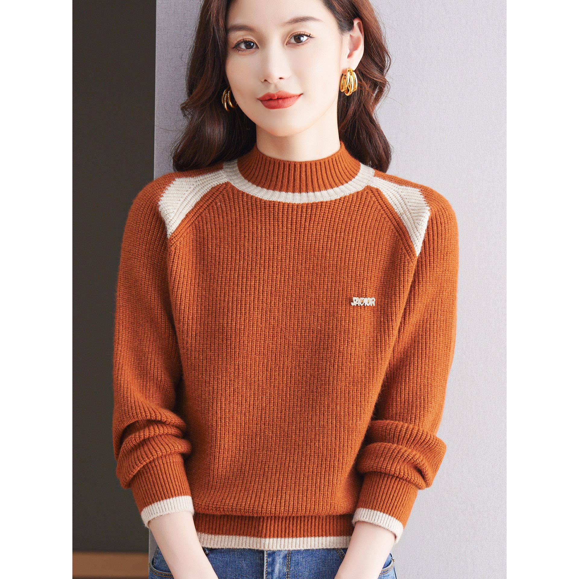 JOYIASS2025秋冬新款红色半高领衫女撞色拼接宽松洋气毛衣针织打