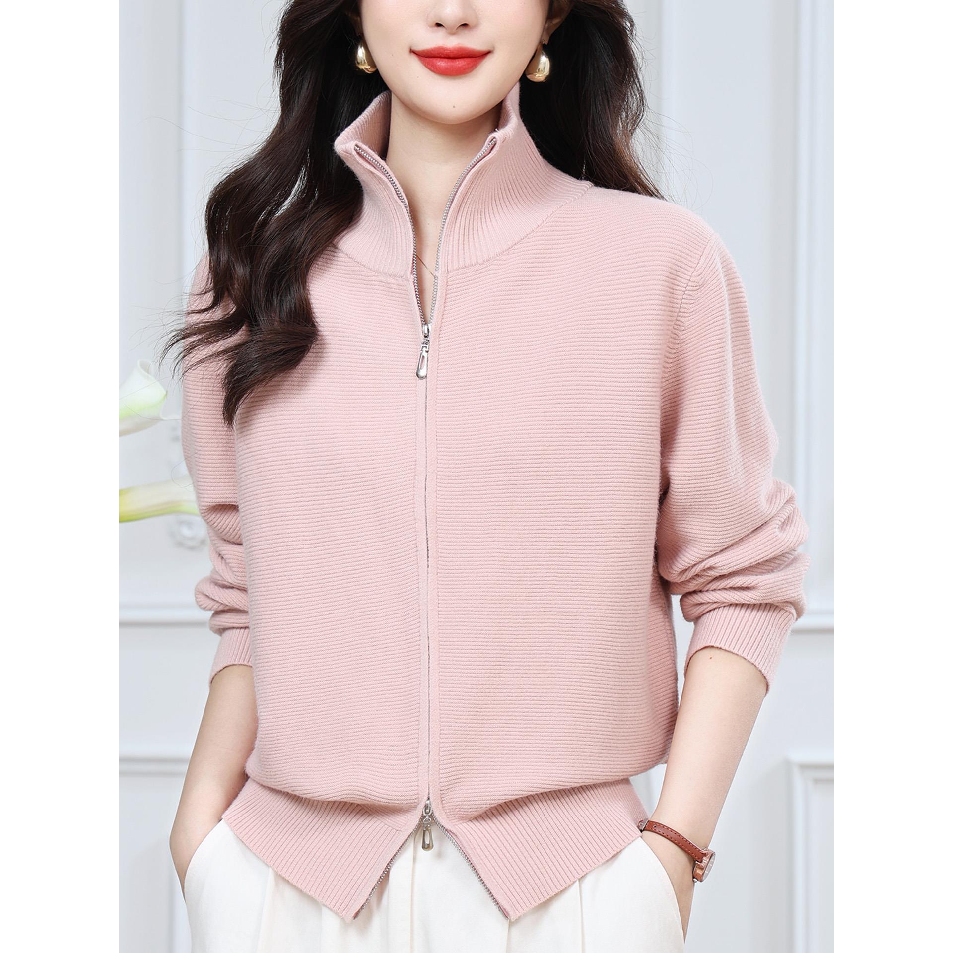 JOYIASS立领拉炼毛针织衫女2025新款春秋高级感气质黑色外套女士