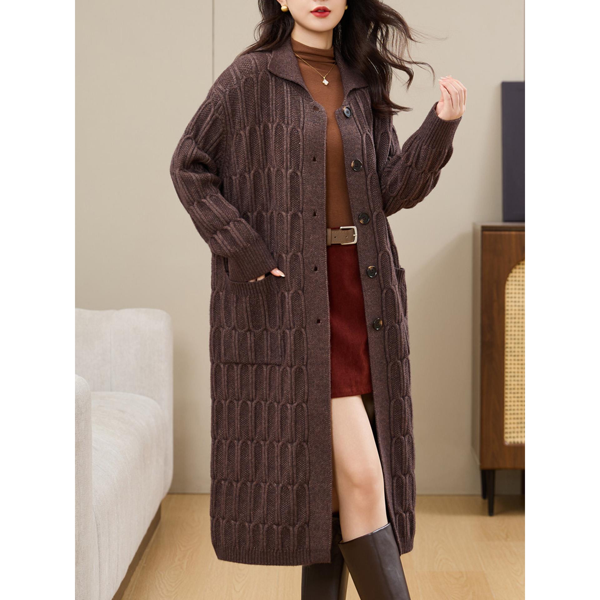 JOYIASS2025秋冬翻领粗线针织开衫女中长款秋装外搭高级感慵懒风