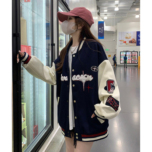 美式复古毛巾绣棒球服女春秋外套