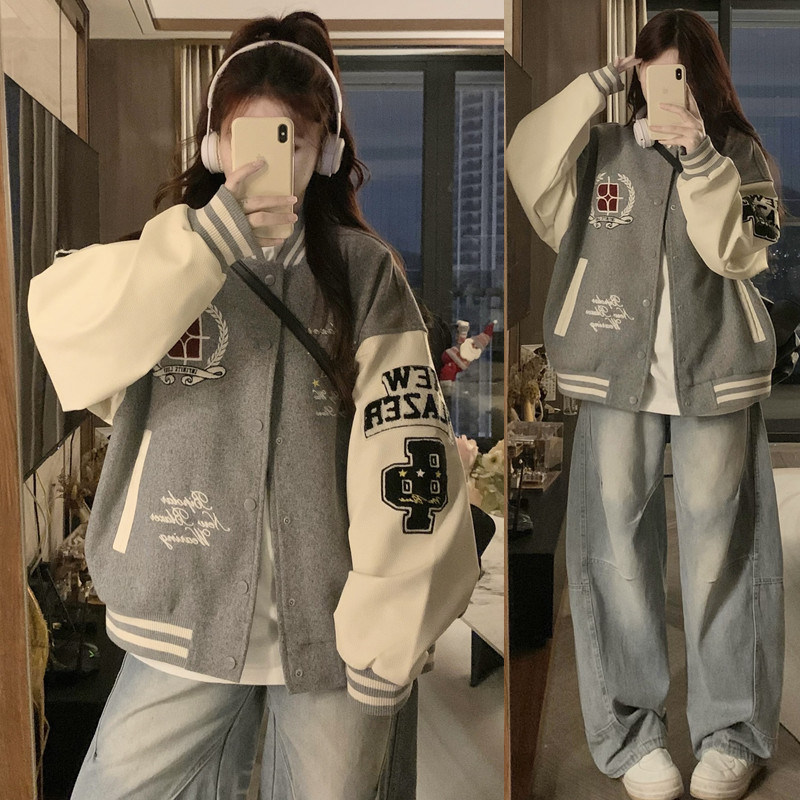 美式复古棒球服外套女2026秋季新款撞色宽松白色袖子休闲刺绣夹克